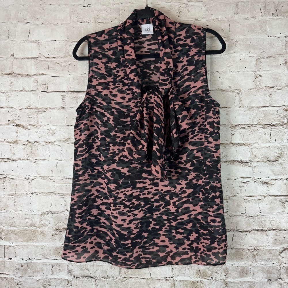 CAbi Women's Medium 9 to 5 Blouse Tie Neck Animal Print Sleeveless #3075 M Med
